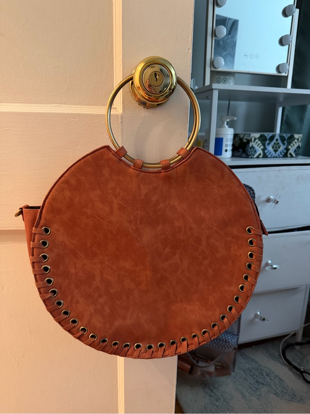 Anthropology Round Faux-Leather Tote Bag with Gold Ring Handles - Brown